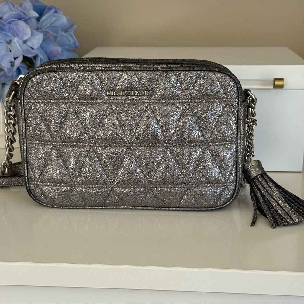 Michael Kors Ginny Metallic Silver Quilted Crossbody Bag - Picture 12 of 12